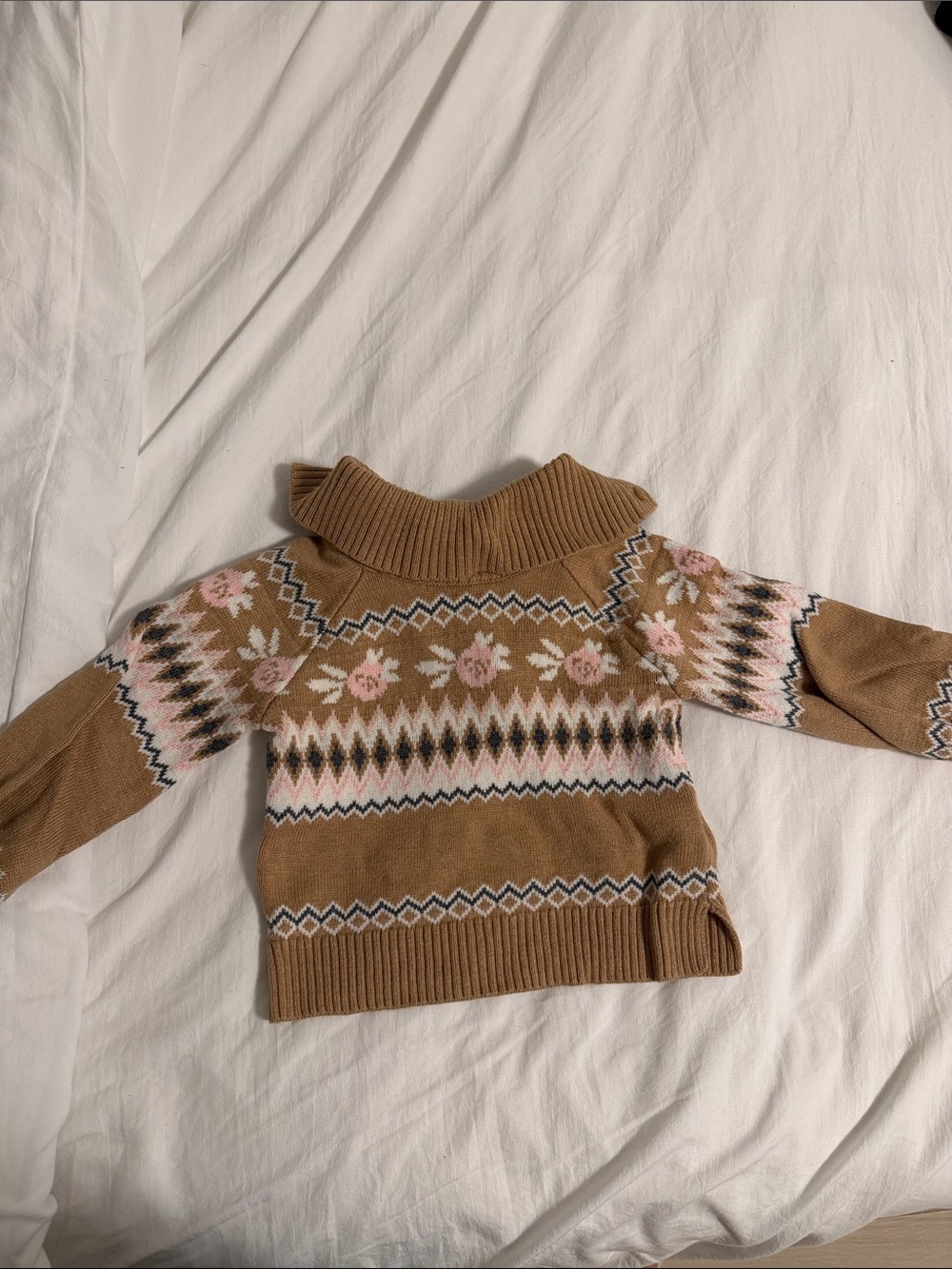 Janie and Jack Tan Floral Fair Isle Turtleneck Sweater